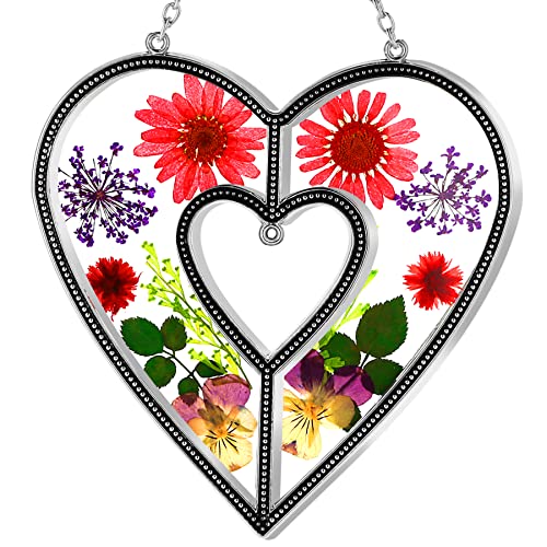 Ky&Bosam Heart Suncatcher Diy Silver Metal & Stained-Glass Sun Catchers Hangings Ornament Wind Chime For Window With Pressed Flower Heart Embedded In Glass Mother`s Day Valentine's Birthday Gift #TOP18