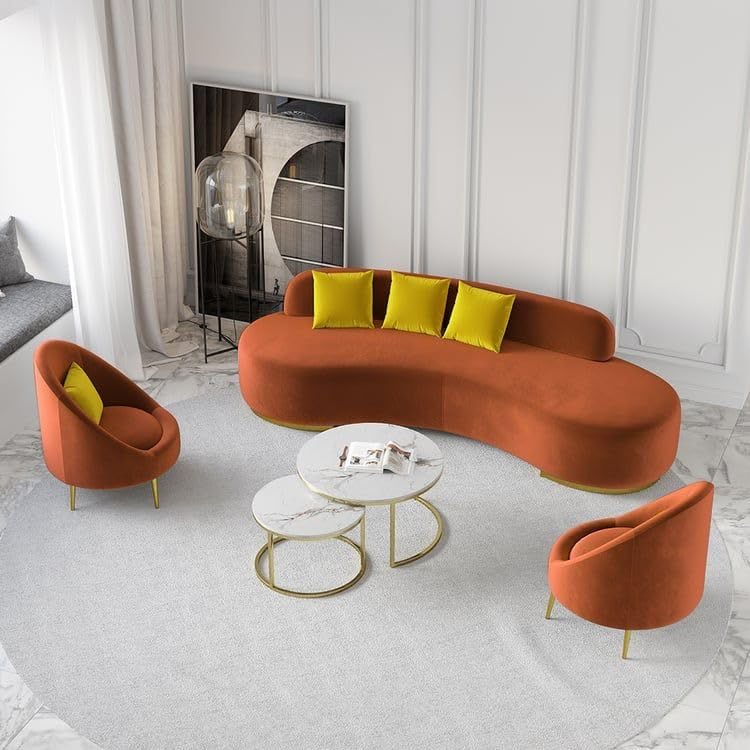 Image of LEGACY OF COMFORT Tara Upholstered Curved Sofa Living Room Set 3 Seater Sofa with 2 Chairs (Orange)