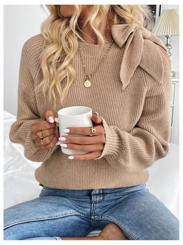 MakeMeChic Women's Long Sleeve Sweater Round Neck Cut Out Bow Knot Asymmetrical Knit Tops4
