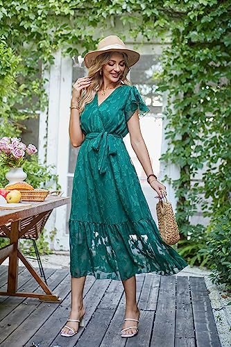 Image of VintageClothing Womens Sundress Casual Floral Summer Boho Dress | Flowy Wrap V Neck Ruffle A-Line Pleated Hem Midi Dresses