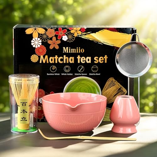 Mimiio Pink Matcha Whisk Set, 5 Pcs - Pink, Ceramic & Bamboo, Japanese Traditional Matcha, Includes Bowl, Whisk, Holder, Sifter, Scoop