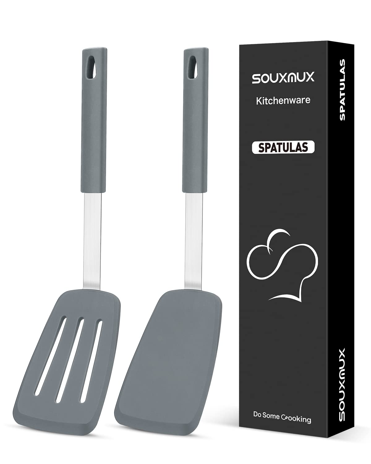 2 Pcs Silicone Solid and Slotted Spatulas Turners Set, Non-Stick BPA Free High Heat Resistant Handy Kitchen Utensils for Cooking, Grill, Flipping Eggs, Fish, Pancake（Grey）
