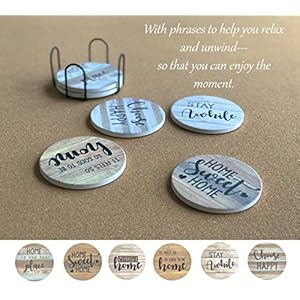 Panchh rustic farmhouse stone cork coasters for drinks absorbent set of 6 coasters with holder best housewarming gifts for new home ideas cute kitchen and coffee table decor accessories  urban country home decor