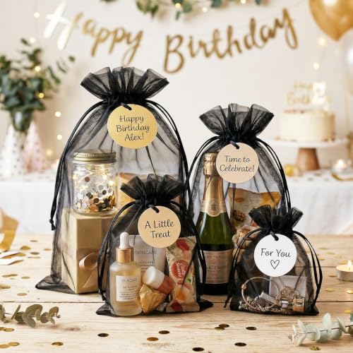Image of FUNFERY 100PCS Black Organza Gift Bags 4x6in,Drawstring Pouch for Jewelry