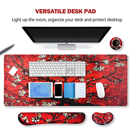 Image of ArtSo Large Gaming Mouse Pad, Keyboard Wrist Rest Pad & Wrist Support Mousepad Set, Stitched Edge, Extended, Non-Slip Base, Memory Foam Desk Mat 4pcs for Office & Home, Red Van Gogh Painting