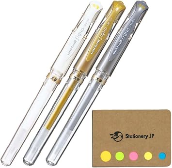 Signo Capped Gel Ink Pen, UM-153, Bold Point 1.0mm, White, Gold, Silver, 3 Colors, Sticky notes Value Set