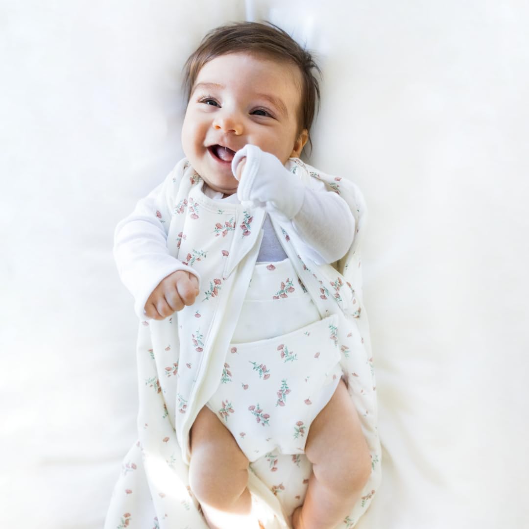 happiest baby Couverture d'emmaillotage Sleepea Comforter - Cotton 100% Bio - Favorise Un développement sain des Hanches (Fleurs Sauvages Ivoire, Moyen)