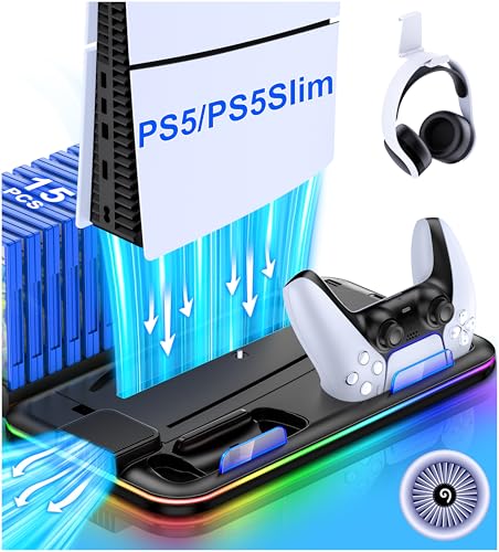 PS5/PS5 Slim Stand and Cooling Station with Controller Charging Station for Playsation 5, PS5 Accessories Kit Incl. 3 Levels Cooling Fan, LED, 15 Game Slot, Headset Holder for PS5 Digital/Disc Console