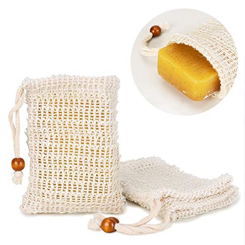 Sisal Soap Bag Mesh Exfoliating Drawstring Natural Fiber Soap Bags for Shower Bat 3.75.7 inch 3 Pack (Beige)