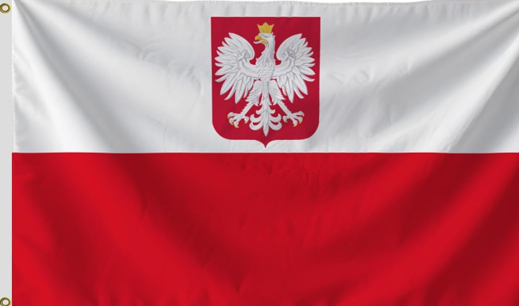Poland Ensign Flag 2X3FT, Outdoor Polyester Flags, Double Stitched Polish Eagle Flags with Stronger Header and Brass Grommets. (2X3)