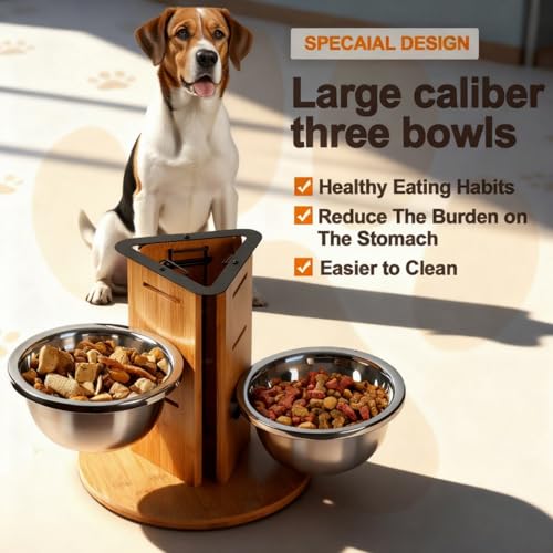 JAZUIHA Hundenapf Erhöht, Futternapf höhenverstellbar für große Hunde, inkl 3X Edelstahlschüssel 1400ml, Futterstation 3-Seitig Hundenapfständer