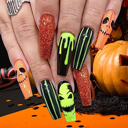 Halloween Scary Press on Nails Coffin Long,KXAMELIE Halloween Nails Embellished Pumpkin Ghost Blood Full Cover Acrylic Fake Nails Kit with Nail Glue for Women Girls Cosplay Halloween Party Decoration