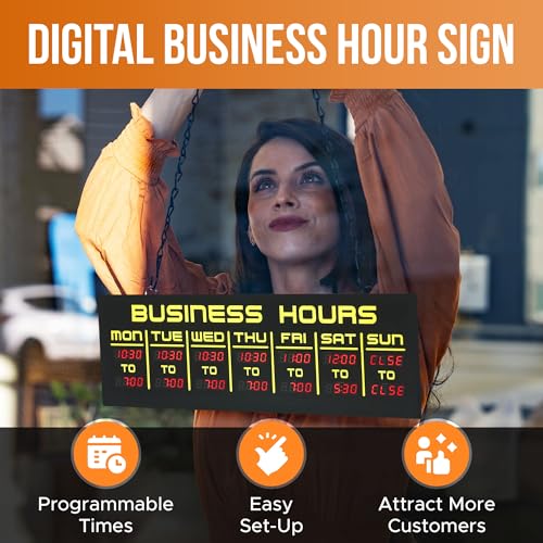 Image of Digital Business Hours Sign by ELEMENT LUX - Electronic Programmable Hours of Operation Signs for Business with Ultra Bright LEDs for Glass Door - Remote and Hanging Kit - 16in x 5.5in, Yellow