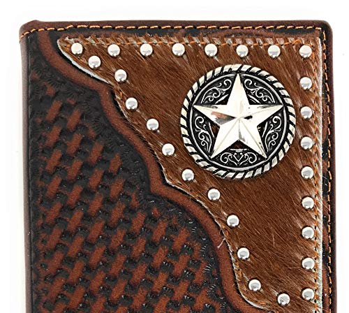 Texas West Western Men's Basketweave Genuine Leather Lone Star Long Cowhide Stud Bifold Wallet (coffee)4
