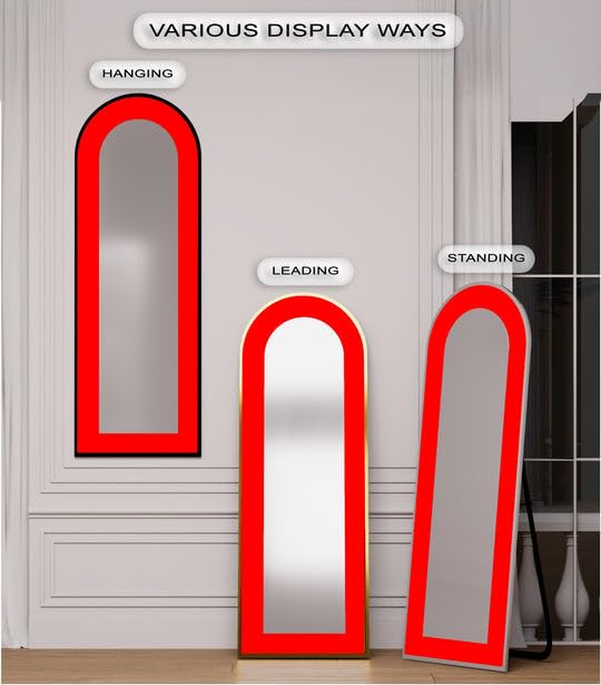 Specchio da terra astratto a lunghezza intera, 68,3 x 168,2 cm, rosso, specchio da pavimento colorato con cornice nera