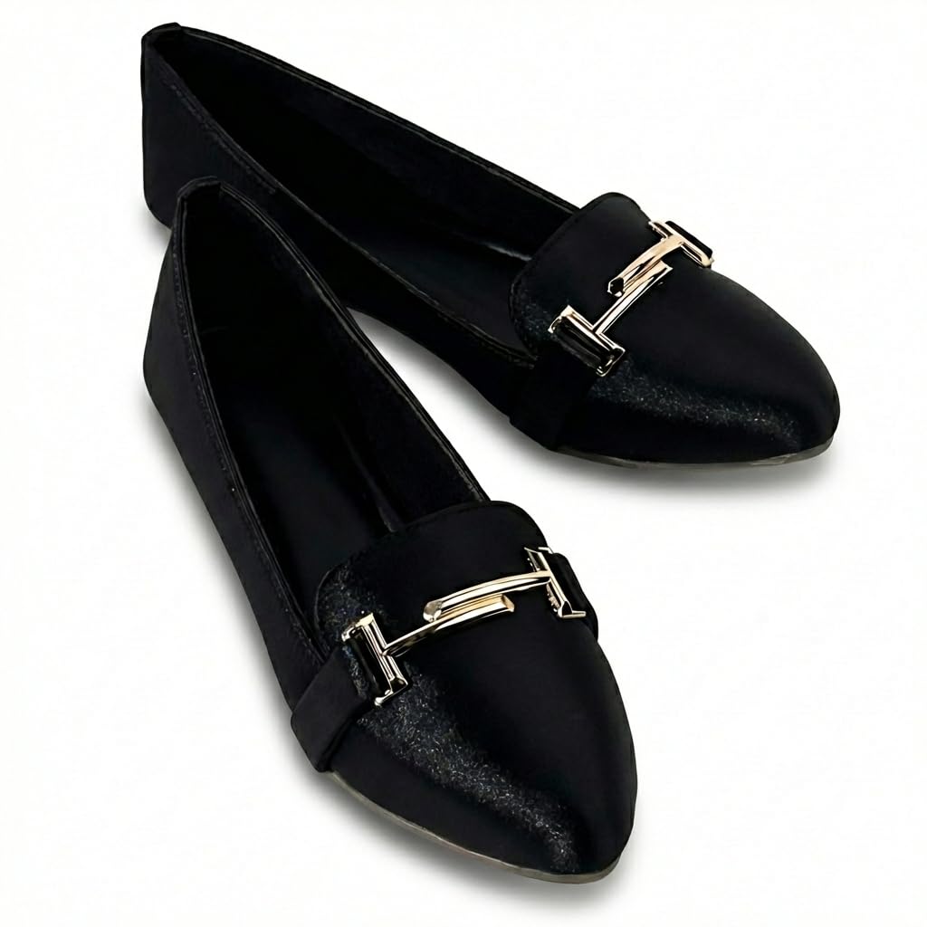 Women's Satin Gold-Buckle Bellies | Pointed Toe Ballet Flats for Women | Ballerina Belly Shoes in Black & Pink-image-14
