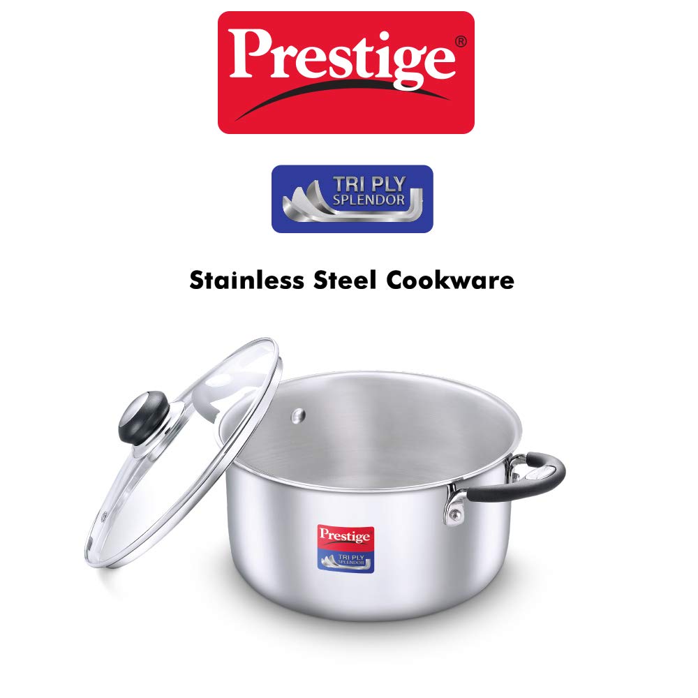 Prestige 24cm/5.5L Tri-Ply Stainless Steel Splendor Casserole with Glass Lid|Gas and Induction Compatible| Even Heat Distribution|Strong and Durable| Perma-Cool Handles 3