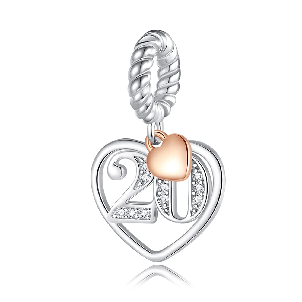 ABAOLANumber Dangle18 Years of Love Cubic Zirconia Charm in 925 Sterling Silver,Number pendant with Rose Gold Heart fits Pandora Bracelet