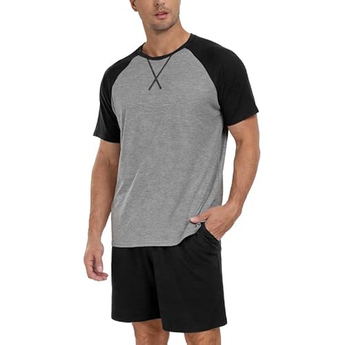 Marvmys Mens Pajama Set Cotton Summer Pjs Short Sleeve Sleepwear Lightweight Pajamas 2 Pieces Loungewear with Pockets S-2XL Small A-black-grey