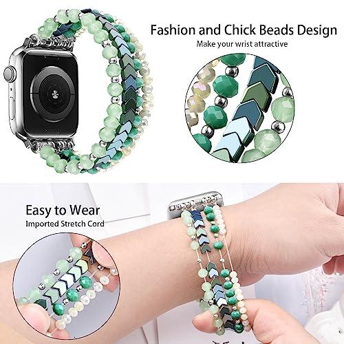 Image of MOFREE Beaded Bracelet Compatible with Apple Watch Band 38mm /40mm /41mm /42mm, Fashion Elastic Stretch Women Bands for iWatch Series 11 /10 /9 /8 /7 /SE /6 /5 /4 /3 /2 /1 iPhone Watch Strap Bands Green