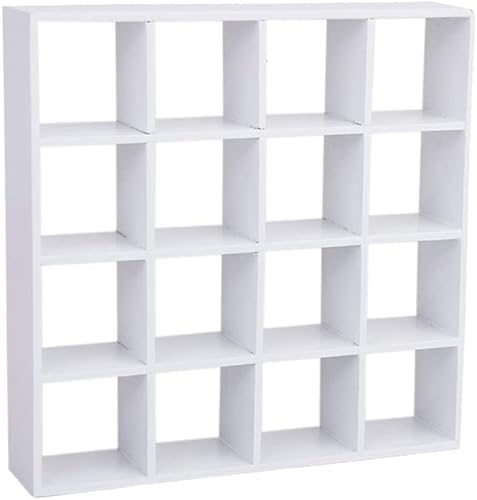 1: 12 casa de muñecas en miniatura estante de almacenamiento de madera 16 estantes de rejilla blanco estante de almacenamiento blanco muñeca casa