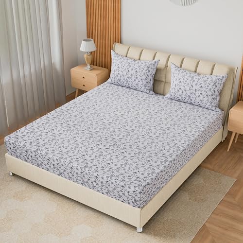 Image of LINENWALAS 100% Cotton 200 TC Double Fitted Sheet with 2 Pillow Covers | 360 Elastic Bedsheet with 4-8 inch Deep Pocket - Soft Breathable Bedding (72x72 inch, Grey Flora)