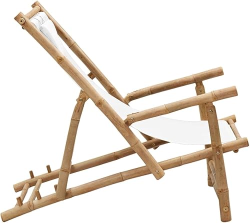 Miniatura 4 de Deck Chair Bamboo and Canvas Cream White Out Door Chairs Outdoor Sillas para Comedor Dining Table Chairs for Study Beach Living Room Picnic