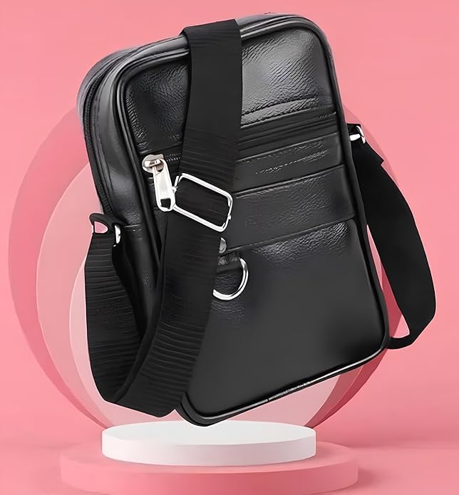 Image of Leather Mens Sling Bag Small Size for Travel, Crossbody Shoulder Bag for Men, Compact Chest Bag with Adjustable Strap, Stylish Mini Side Bag for Daily Use, Office & Outdoor (Sapphire Black, Medium)