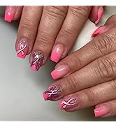 24Pcs Breast Cancer Awareness Press on Nails Short Square Fake Nails with Pink Ribbon Butterfly D...