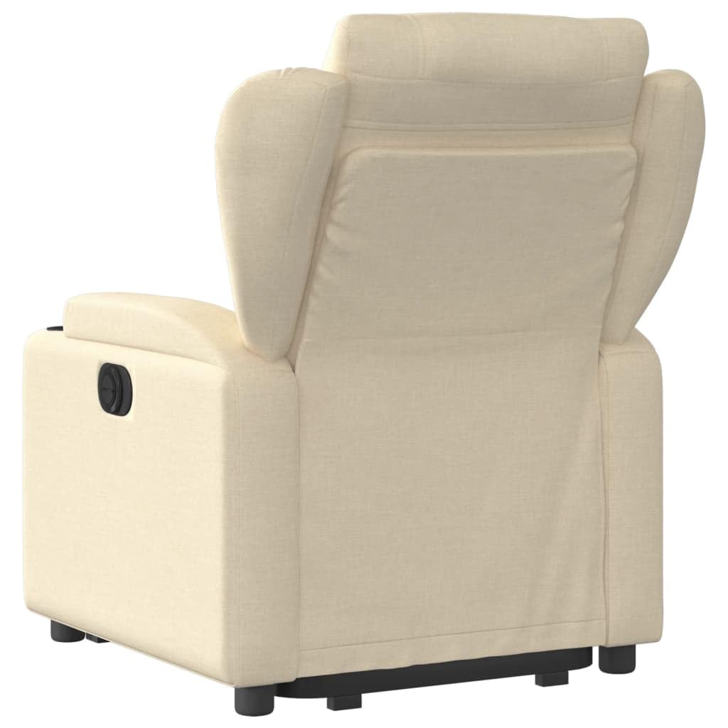 Sillón elevador eléctrico reclinable de tela color crema con elevación automática y respaldo manual, cómodo con portavasos y bolsillo lateral, estructura estable