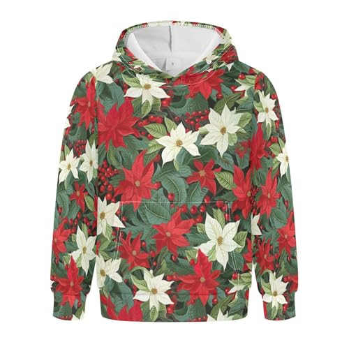 Kids Hoodies Sweaters Christmas Poinsettia Flower Hooded Sweatshirts with Big Pockets for Boys Girls B0400046