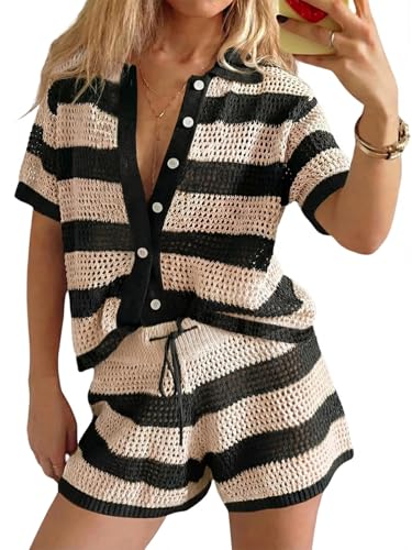 Image of Tankaneo Womens Crochet Swimsuit Coverup Summer 2 Piece Short Sets Striped Knit Short Sleeve Button Shirts Beach Outfits