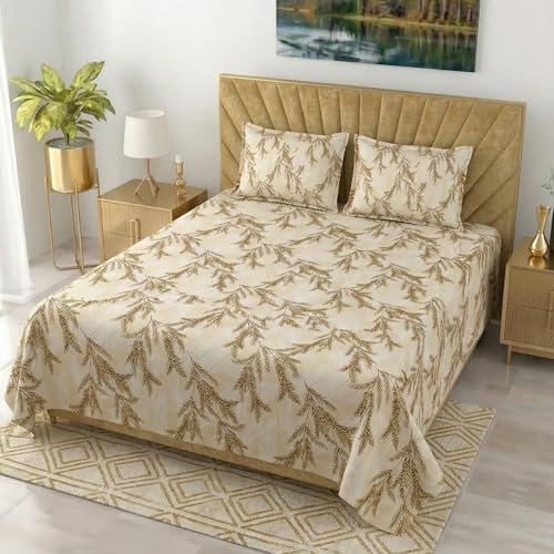 Image of Mafatlal 186 TC Metro Cotton King Size Bedsheet | 108 x 108 Inch|Soft, Breathable & Lightweight | Includes 2 Pillow Covers| Cream Gold 2