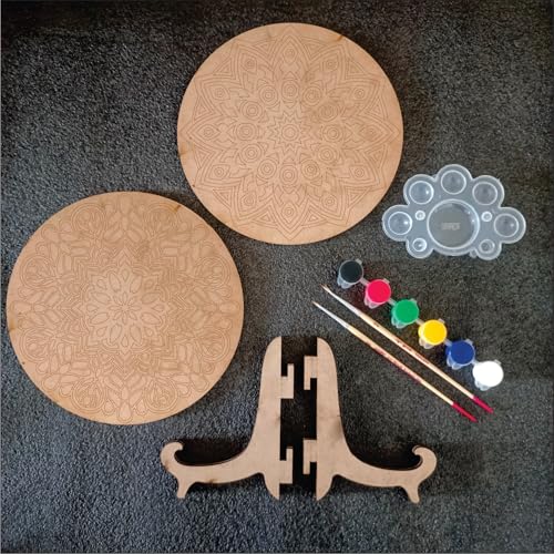 Image of PICRAZEE DIY Art & Craft Wooden Painting Kit for Kids | 5.5mm Imported Pine Premarked MDF Plates Painting Set with 6 Colors 2 Brushes Palette and Easel | Drawing & Coloring Activity Set for Gifting