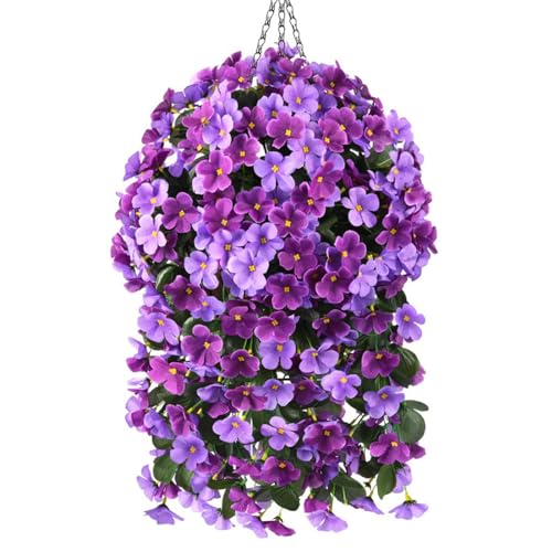 Homsunny Artificial Faux Flowers Plants Hanging Basket, Fake Hanging Flower for Outdoors Spring Decor, UV Resisitant Silk Begonia Realistic for Outside Front Porch Patio Balcony Backyard Decoration