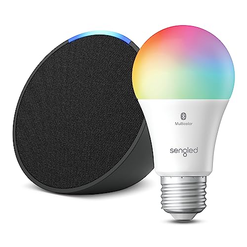 Echo Pop | Charcoal with Sengled Smart Color Bulb | Alexa smart home starter kit