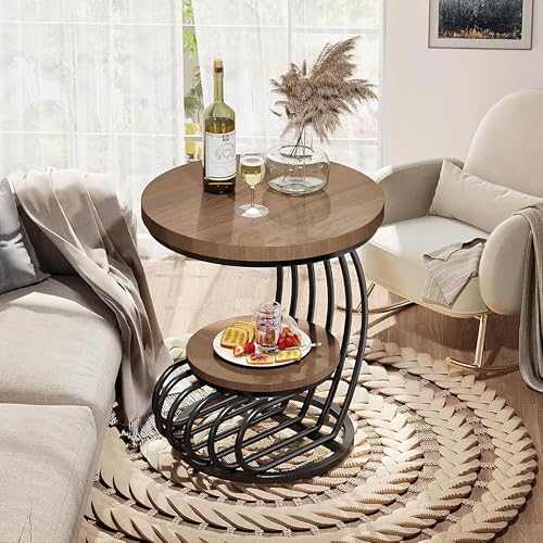 Image of Coffee Table, Tea Table, Round Sofa Side Table, Two-Tiered Metal end Table, and Bedside Table with a Marble Appearance for Living Rooms, bedrooms, or Apartments (Black Walnut)