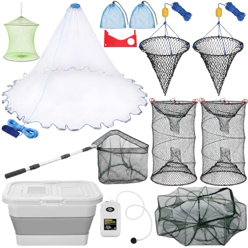 Relaxgiant 13 Pcs Fishing & Crabbing Kit Includes 7.8ft Diameter Cast Net with Lead Weights, 31.5\" Collapsible Octagonal Crab Trap, Extendable Landing Net, 13 L Foldable Bucket & Aeration Pump