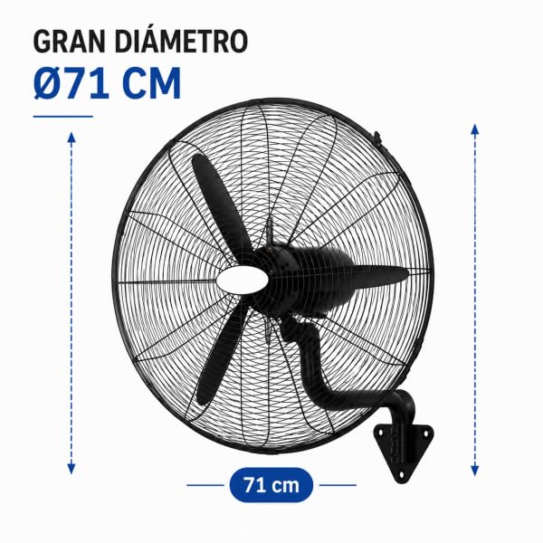 Bilake Ventilador Industrial Pared Negro Metal | Oscilante, Orientable y Ajustable | 3 Velocidades, 3 Palas, Silencioso | Almacenes, Gimnasios, Colegios, Fábricas (Ø71 cm | 240W | Botones Integrados)