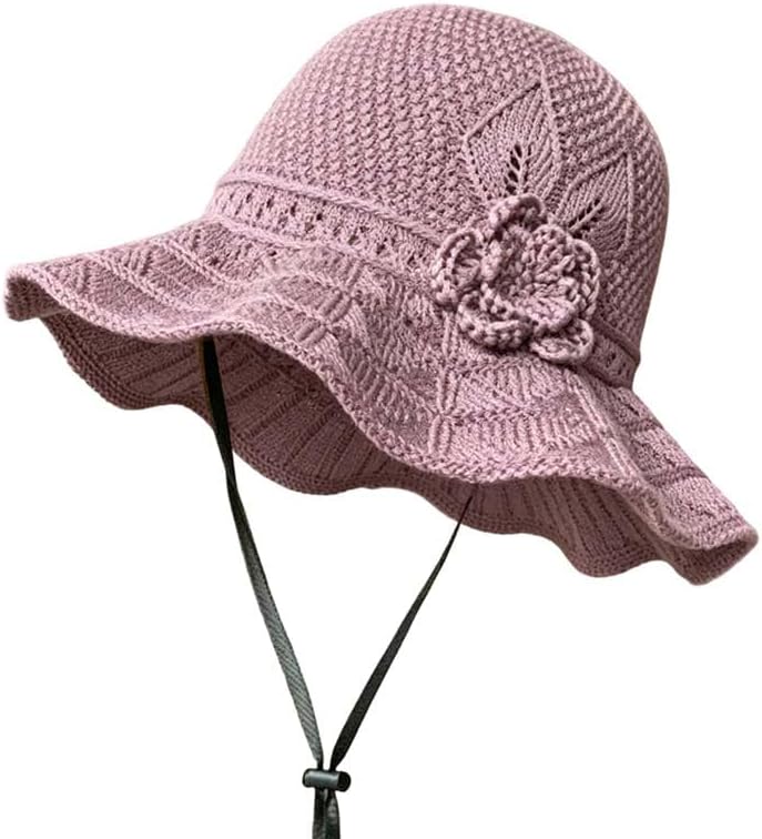 Women's Crochet Bucket Hat with Flower Accent Wide Brim Beach Floppy Cap Portable Foldable for Summer Holiday