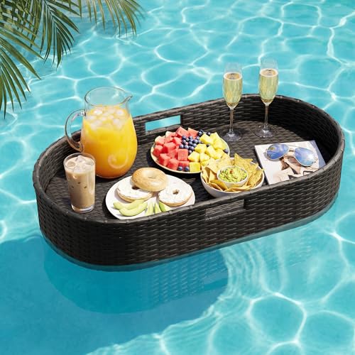 Greesum Wicker Pool Floating Tray, 38”x20” Oval Portable Serving Tray for Holding Fruits, Drinks & Essentials, Suitable for Pool Activities, Bathtub, Hot Tub, Beach Parties, Black