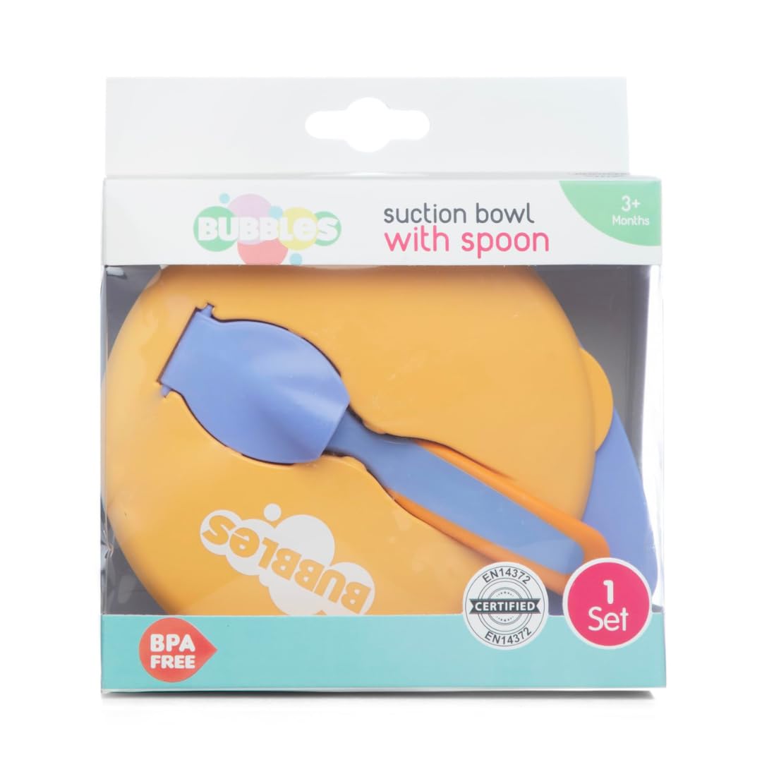 Bubbles Feeding Bowl With Lid, Spoon for Feeding & Weaning, Tableware Set, Soft First Stage Baby Bowl Spoon Set for Kids (Orange - Blue)-image-2