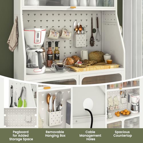 Image of Giantex Pantry Organizers and Storage, 63.5 inch H Kitchen Buffet Cabinet with Hutch, Pegboard, 8 Hooks & 1 Hanging Storage Box, Standing Bakers Rack with Flip-up PC Doors, Tool-Free Assembly (White)