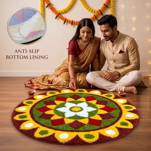 Image of VAS COLLECTIONS Decorative Round Rangoli Mat, Traditional Floral Rangoli Floor Decoration for Pooja Room, Festive Home Decor, Decorative Mat for Entrance, Living Room & Temple, 23 Inches - Moss Green