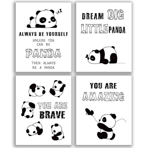 Image of Inspirational Panda Wall Art Prints, Unframed Motivational Words, Set of 4 (8''x10'') Dream Big Little Panda Print for Nursery and Kids Room Decor, No Frame (Black White)