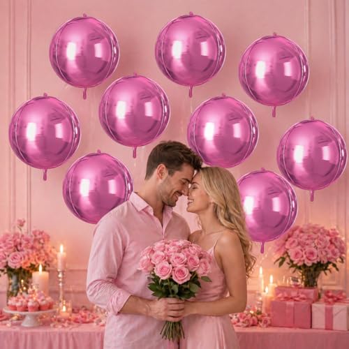 Image of 9 Pcs Pink Round Foil Balloons,22 Inch Metallic Pink Round Balloons | Pink Giant 4D Round Ball Balloons For Valentine's Birthday Wedding Anniversary Bridal Shower Party Decorations
