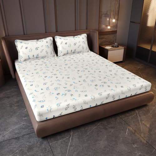 Image of Divine Casa King Size Fitted Bedsheet with 2 Pillow Covers (200 x 180 CM) | Cotton Twill Satin Floral Print | Cream Blue Elastic Fitted Sheet for Mattress.