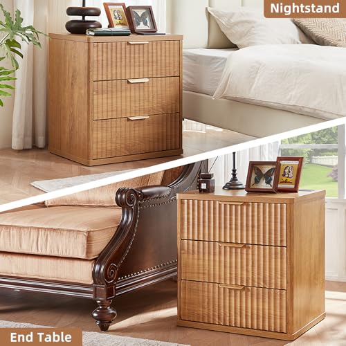 LEYAOYAO 23" Wide Fluted Night Stand with Charging Station, 3 Drawers Large End Table with Storage, Brown Nightstand Wood Bedside Tables, Farmhouse Cabinet Dresser for Bedroom, Living Room,Closet