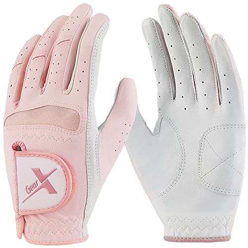 Gearx Women's Half Sheep Skin Golf Gloves, White/Pink (Pink, Large(21), 2 Left Gloves) #TOP1