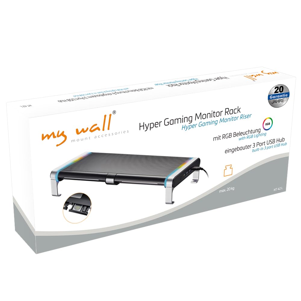 my wall HyperGaming Monitor Rack - HT42L, supporto per monitor, illuminazione RGB, altezza dello schermo, con hub USB e cassetti, rialzo monitor, installazione di gioco